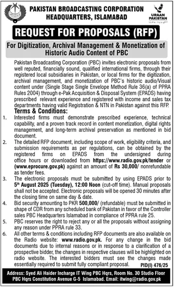 Pakistan Broadcasting Corporation Islamabad Tender Notice